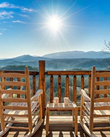 Covered deck with hot tub, green door, and autumn foliage view at sunset